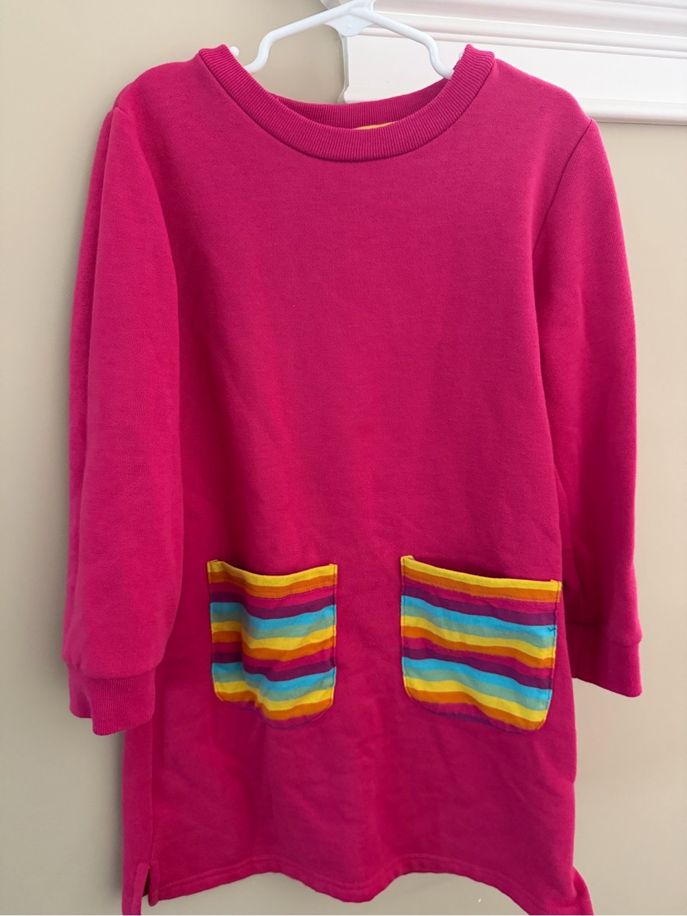 Girls Hot Pink Long Sleeve Sweatshirt Dress with Striped Pockets